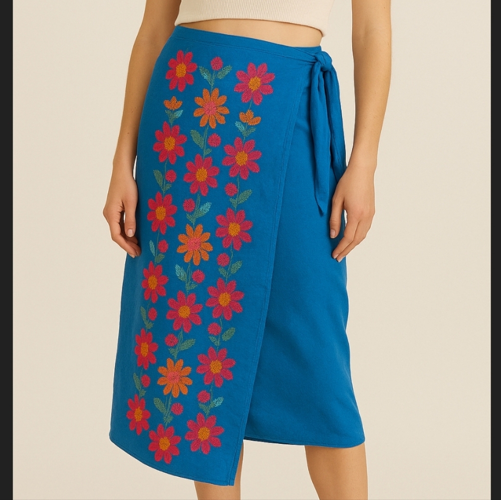 Handmade Embroidered Wrap Skirt Peacock Blue Floral Boho Festival Midi OS